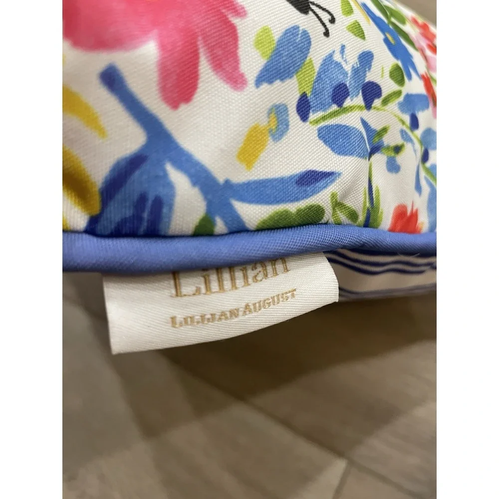 Pr Lillian August  Bright Floral Bee Blue Stripe Outdoor Pillows 17‎ x 17 NWOT